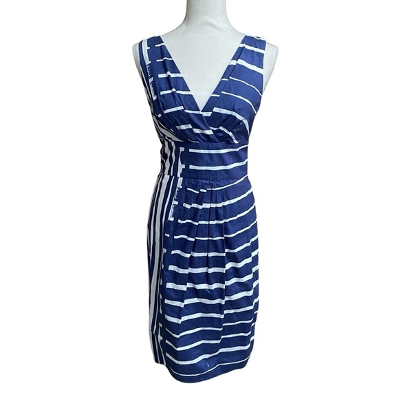 MaxMara Blue White Stripe Midi Dress Wrap V-Neck Belted Sleeveless Size 4 - Picture 1 of 16